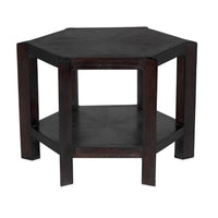 Yolanda large hexagonal mindi wood side table with a sombre finish and lower shelf.