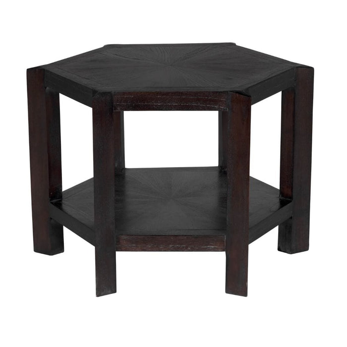 Yolanda large hexagonal mindi wood side table with a sombre finish and lower shelf.