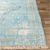 Zainab Sky Blue hand-woven rug with traditional patterns and fringe on a wooden floor.