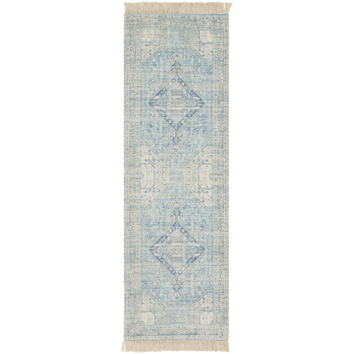 Zainab Sky Blue hand-woven cotton-polyester runner rug with traditional geometric patterns and fringe.