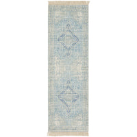 Zainab Sky Blue hand-woven cotton-polyester runner rug with traditional geometric patterns and fringe.