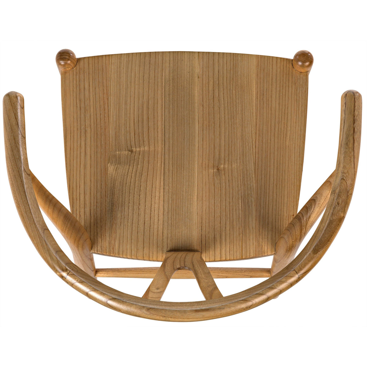 Zicara natural sungkai wood dining chair with curved arms and hand-carved details, top-down view.