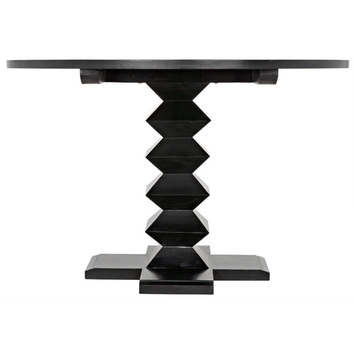 48" round black mahogany dining table with unique geometric zig-zag pedestal base.