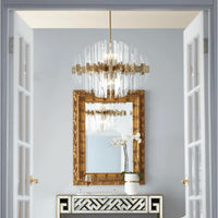 Zion Aged Brass & Acrylic Oval Chandelier, modern design with transparent acrylic shade, 8 lights.