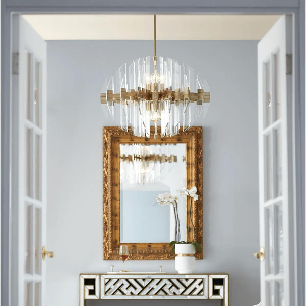 Zion Aged Brass & Acrylic Oval Chandelier, modern design with transparent acrylic shade, 8 lights.