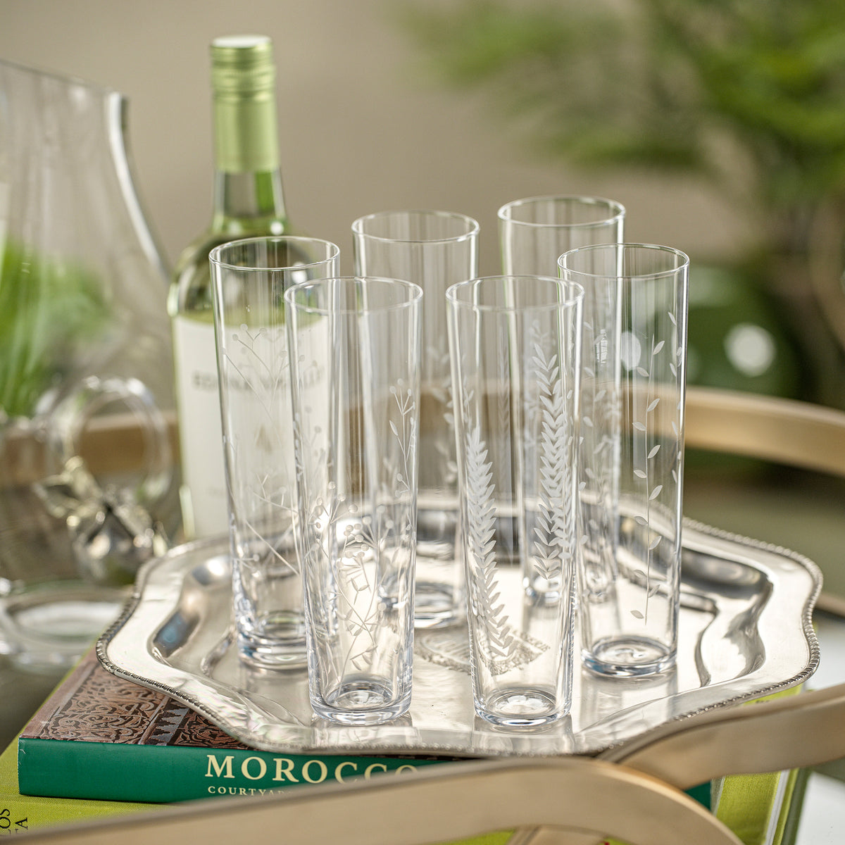 Assorted Botanical Etched Flutes, Set of 6