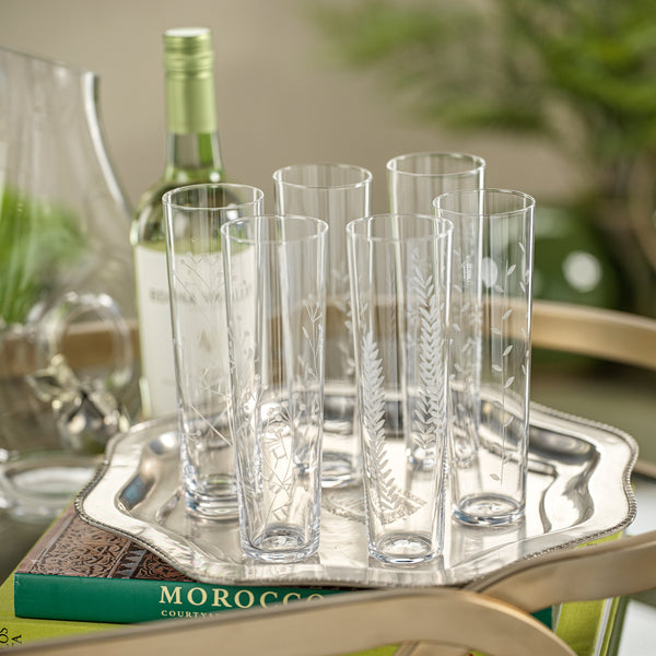 Assorted Botanical Etched Flutes, Set of 6