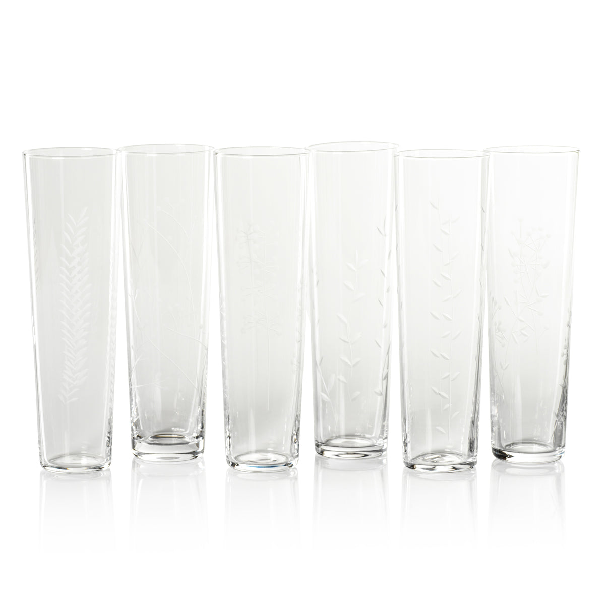 Assorted Botanical Etched Flutes, Set of 6