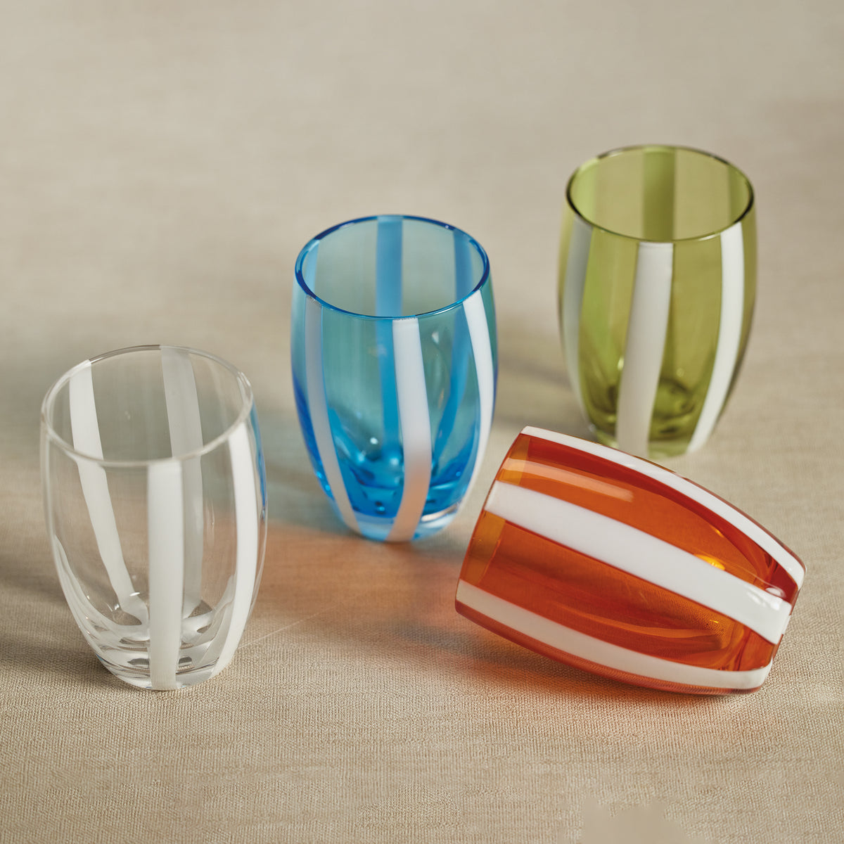 Pesaro Orange w/ White Stripes Stemless Glasses, Set of 4