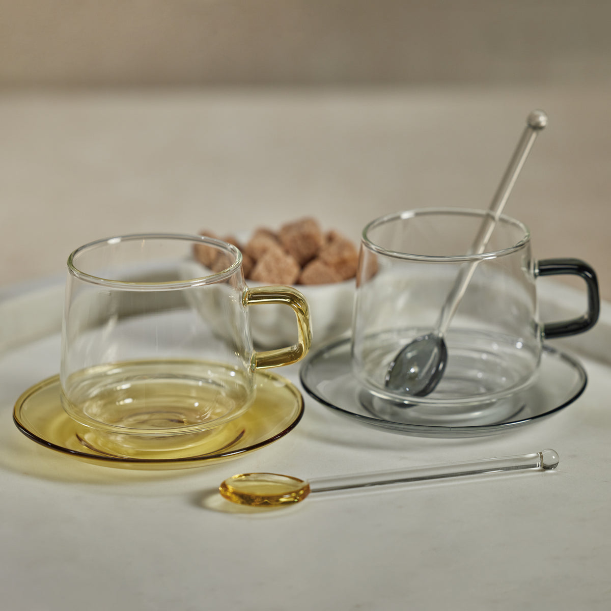 Bagliano Grey Glass Tea & Coffee Cups and Saucers, Set of 4