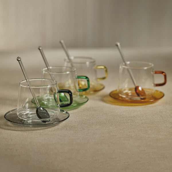 Bagliano Yellow Glass Tea & Coffee Cups Saucers, Set 4