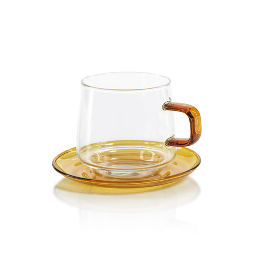 Bagliano Amber Glass Tea & Coffee Cup & Saucer Set of 4 | Bone & Brass