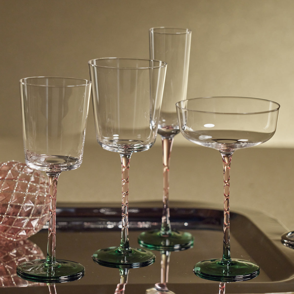 Sachi Green & Pink White Wine Glasses, Set of 6