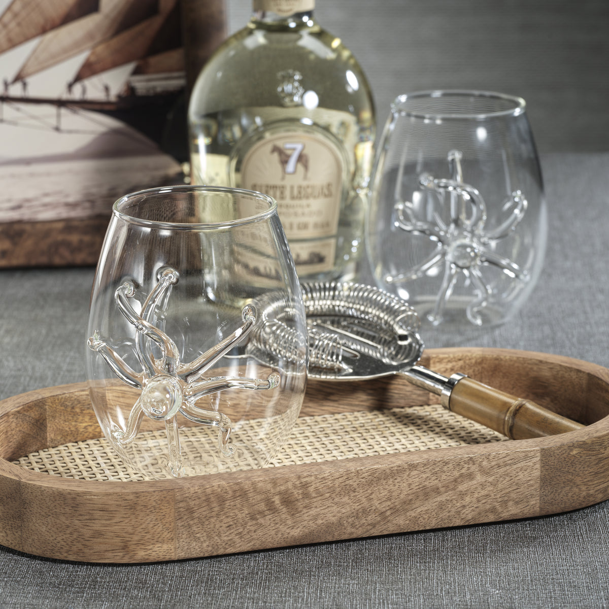 Octopus Stemless Glasses, Set of 6 - Glass Stem Detail | Bone & Brass