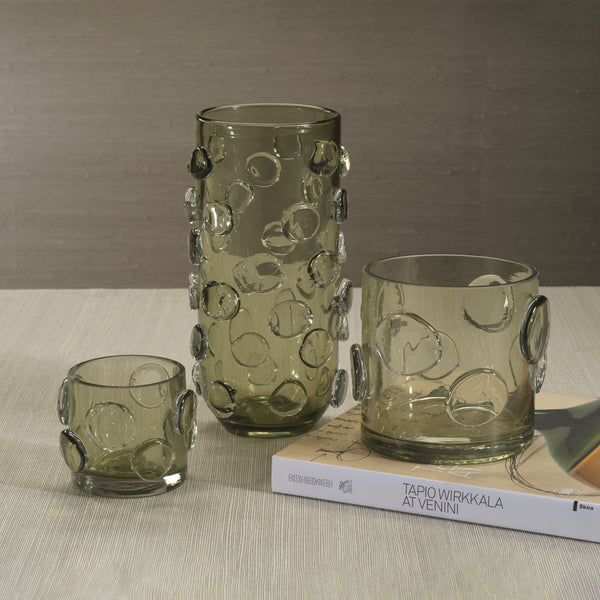 Celeste Short Olive Green Glass Candle Holder - Candle Holder Detail | Bone & Brass