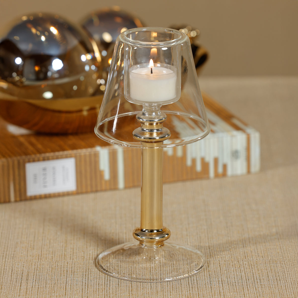 Isola Gold Glass Tealight Lamp Candle Holder - Candle Holder Close Up | Bone & Brass