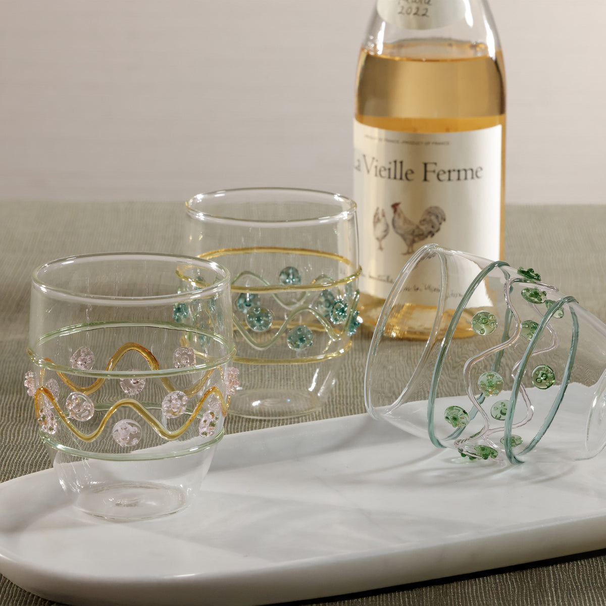 Festa Tumblers, Set of 6, Assorted Colors Green, Amber & Pink - Tumbler Side View | Bone & Brass