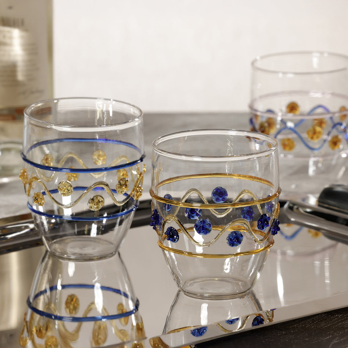 Festa Glass Tumblers, Set of 6, Blue, Amber & Gold Assorted Colors - Tumbler Detail | Bone & Brass