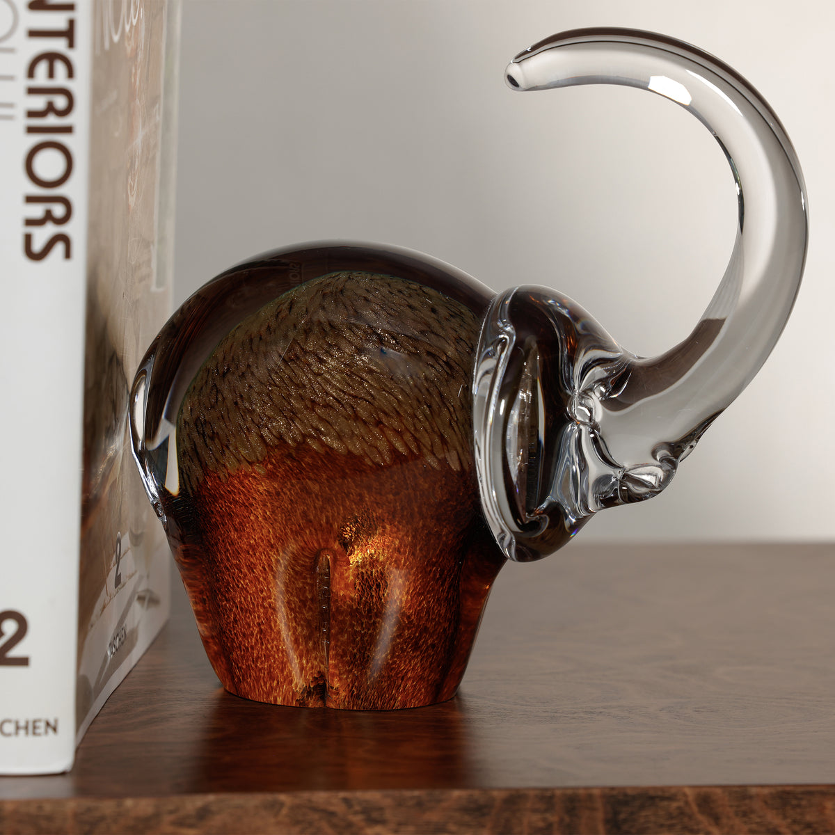 Elephant Golden Amber Glass Sculpture - Side View | Bone & Brass