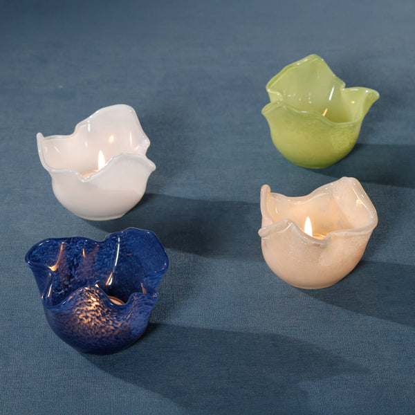 Blue Wavy Bowl Glass Tealight Candle Holders, Set of 2