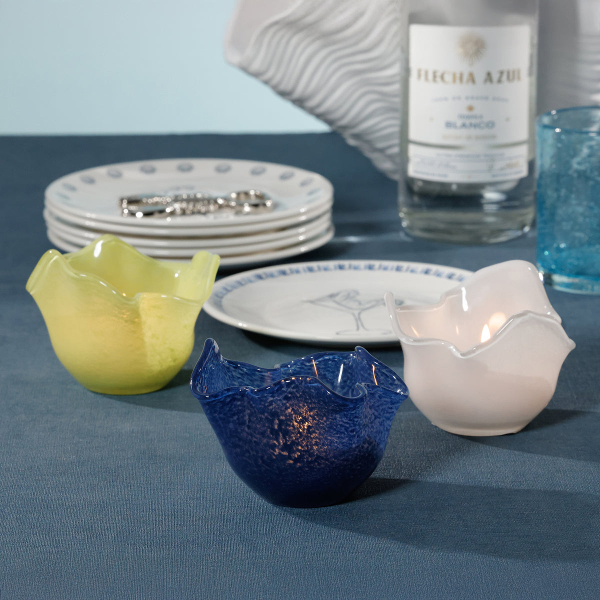 Blue Wavy Bowl Glass Tealight Candle Holders, Set of 2 - Candle Holder Side View | Bone & Brass