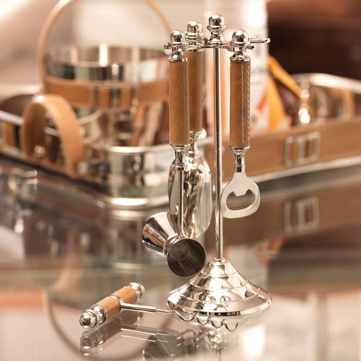 Polished Nickel and Leather Bar Tool Set