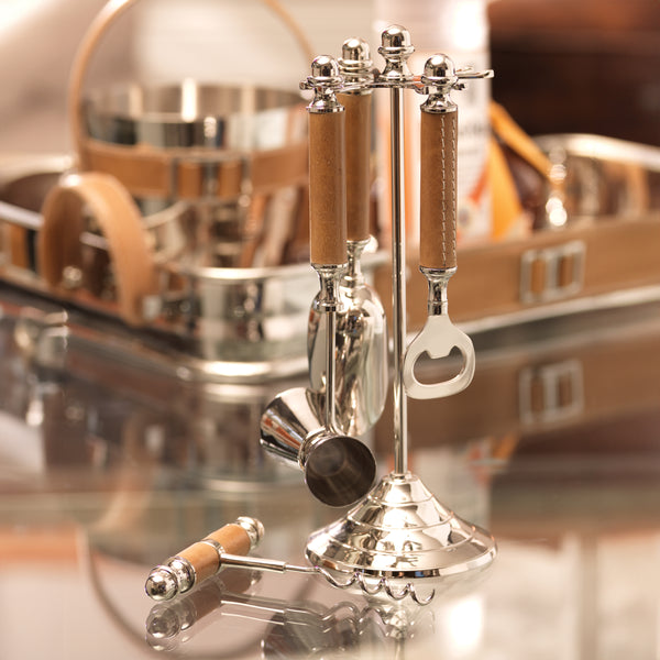 Polished Nickel and Leather Bar Tool Set