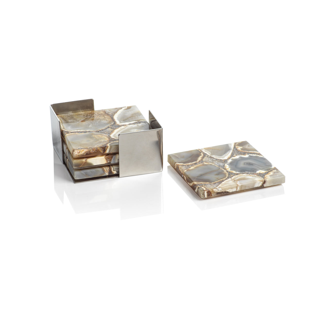 Taupe & Brown Agate Coasters on Metal Tray