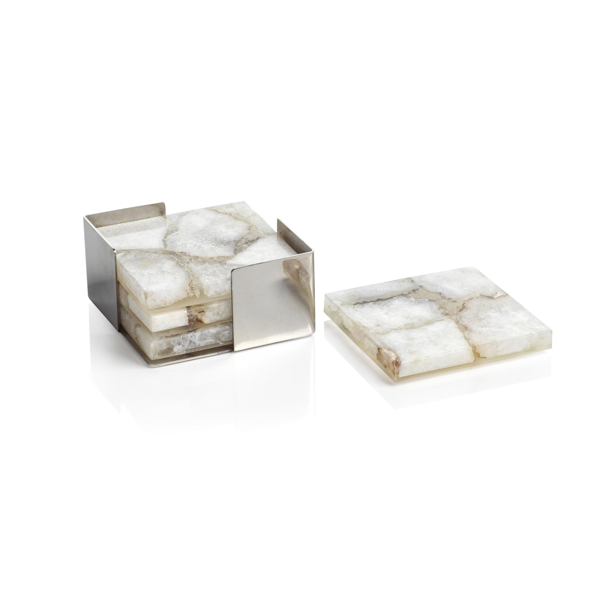 Taupe & White Agate Coasters on Metal Tray