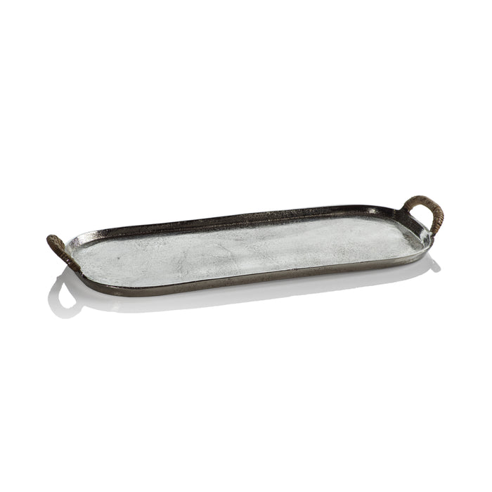 Praslin Raw Aluminum Tray with Cane Wrapped Handles