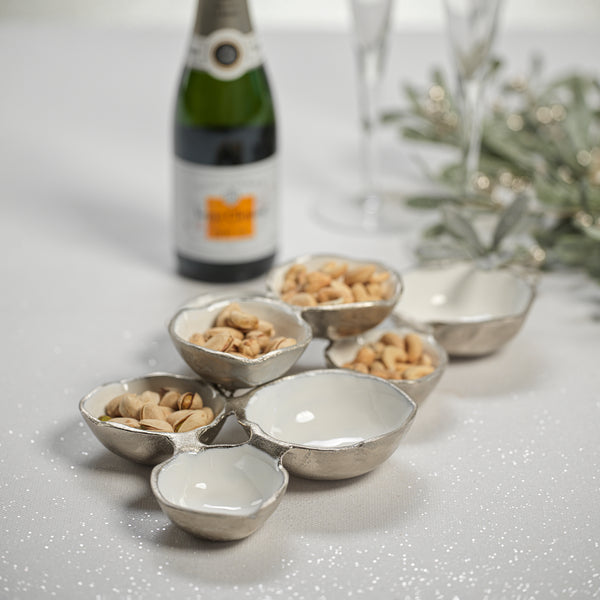 Nickel & White Cluster of 8 Round Serving Bowls