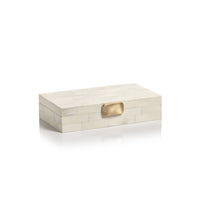 Rectangular bone inlay jewelry box with a gold clasp on a white background