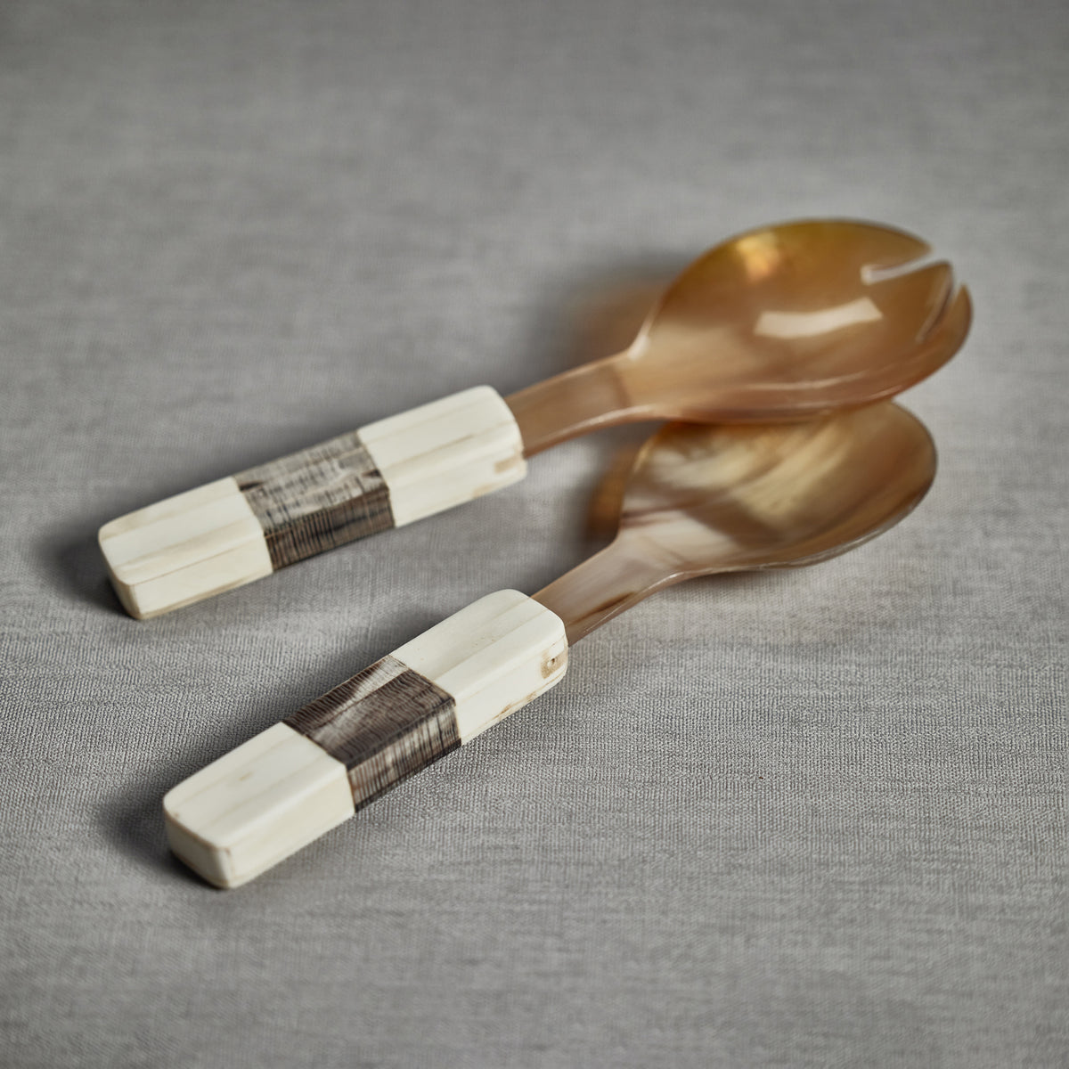 Renata Horn Salad Server Set with Bone Etched Handle - Handle Detail | Bone & Brass