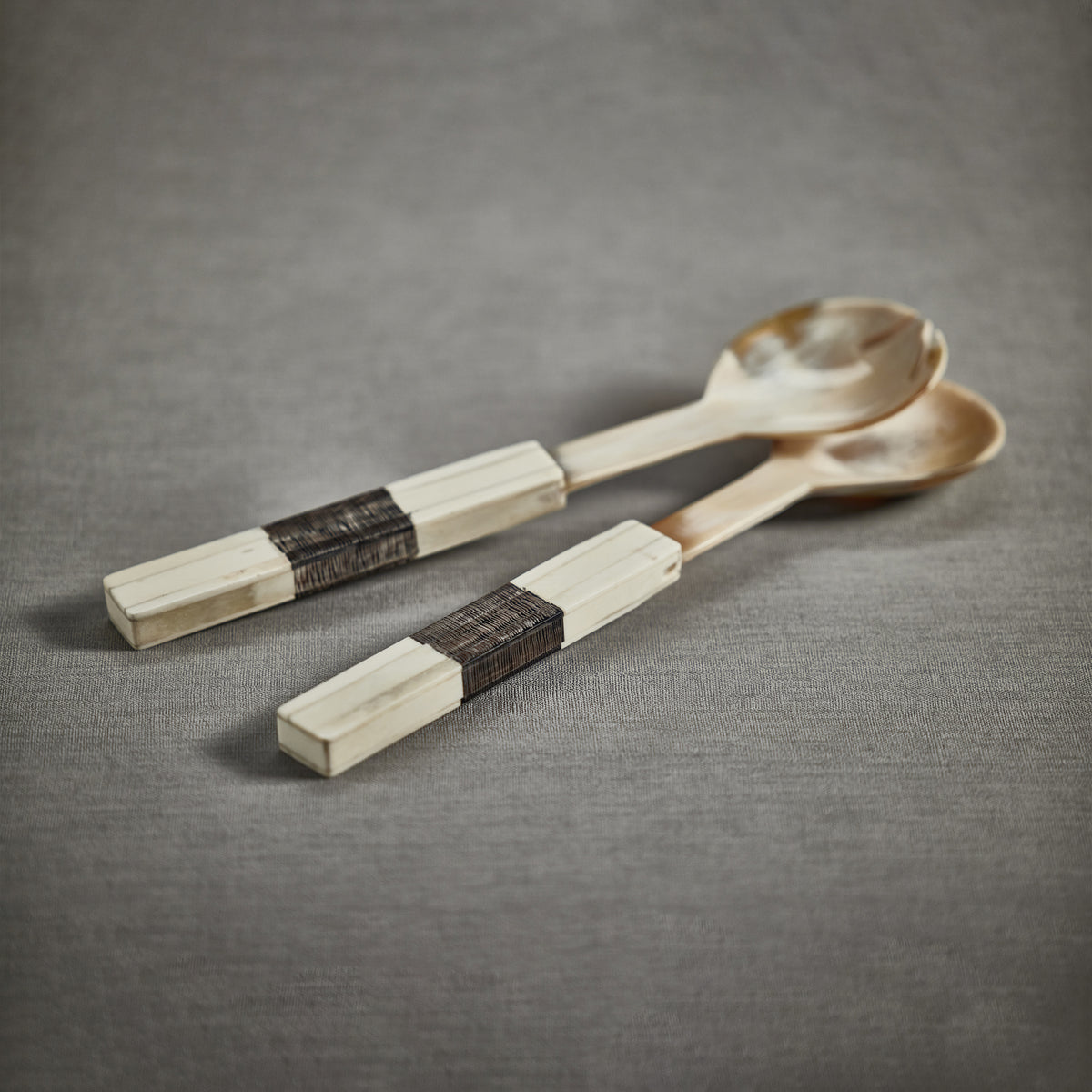 Rory Horn Salad Server Set with Bone Etched Handle - Set Detail | Bone & Brass