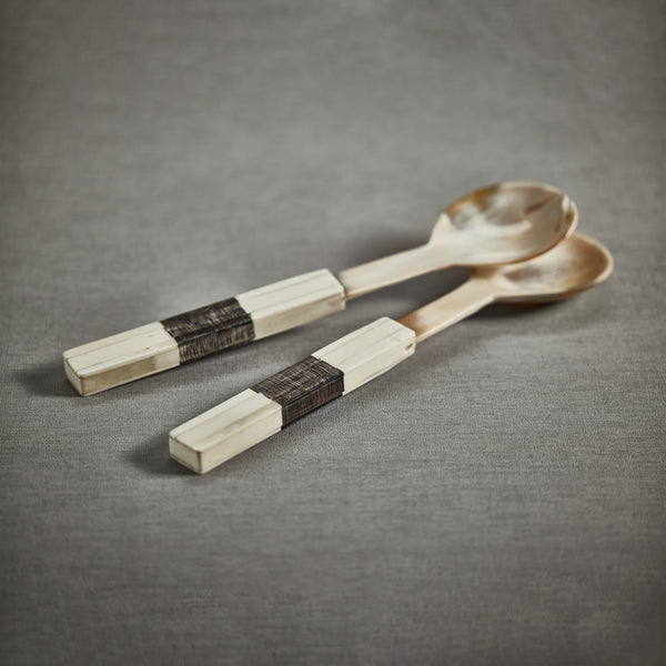 Rory Horn Salad Server Set with Bone Etched Handle - Set Detail | Bone & Brass