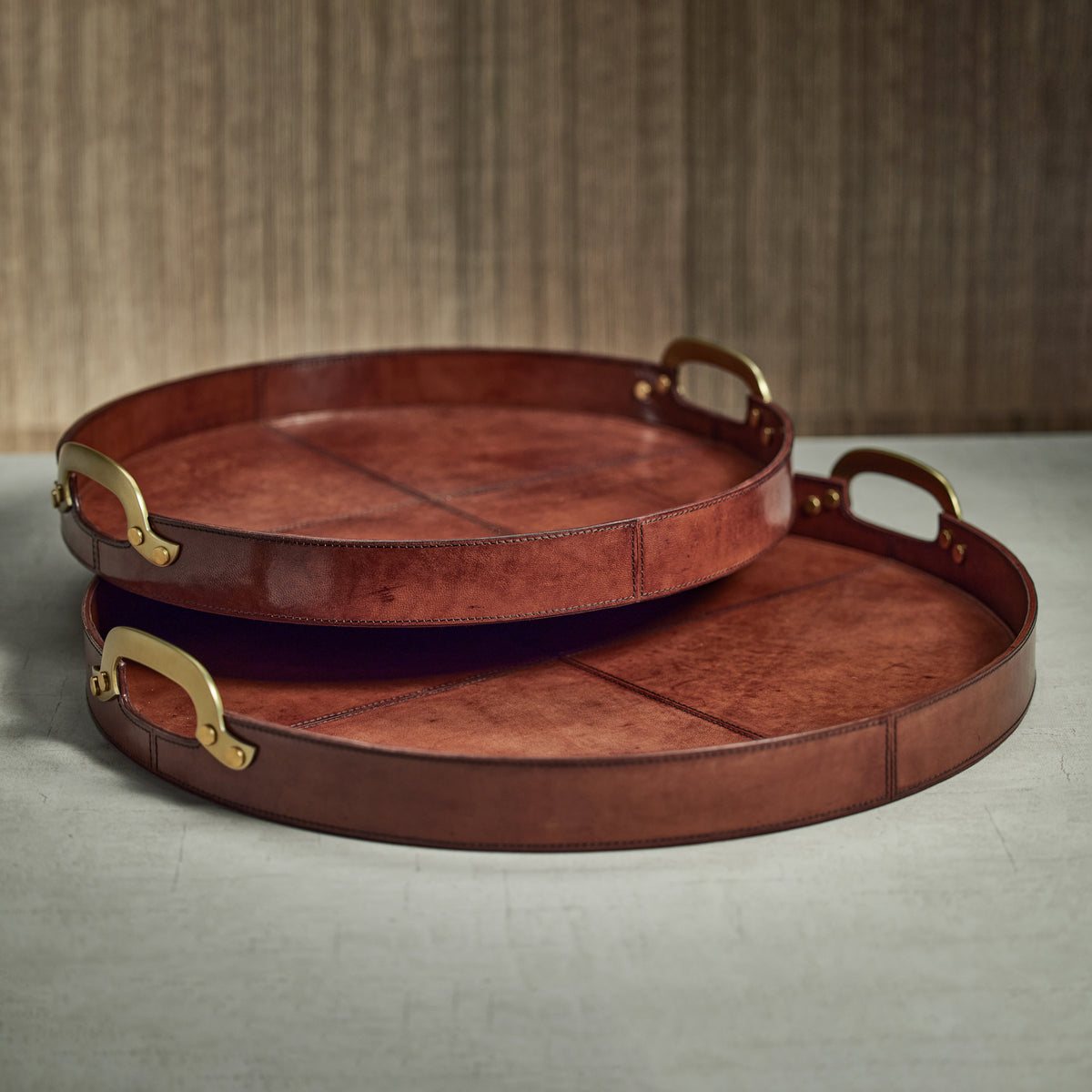 Harlow Leather & Brass Handles Round Tray            