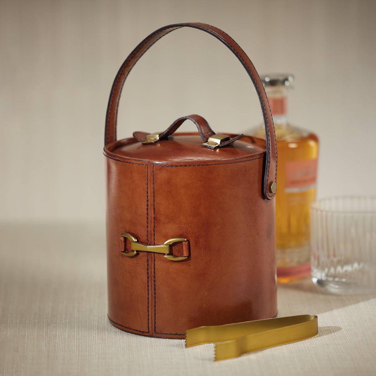 Chadwell Leather Ice Bucket with Gold Metal Ice Tong