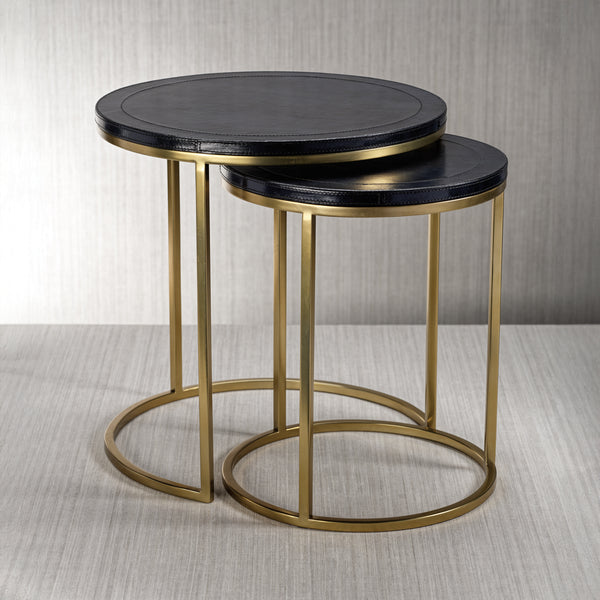 Harlow Blue Leather on Brass Nested Tables, Set of 2 - Table Side View | Bone & Brass