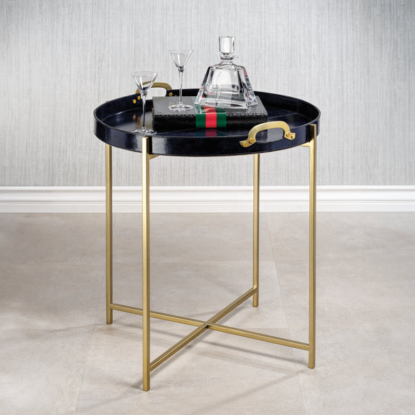 Harlow Blue Leather Round Tray on Brass Stand - Table Side View | Bone & Brass