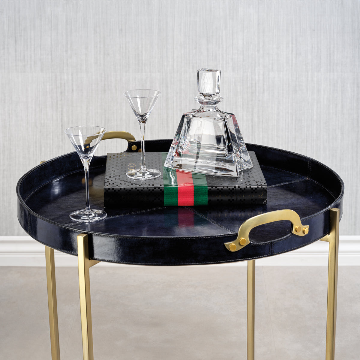 Harlow Blue Leather Round Tray on Brass Stand - Table Top View | Bone & Brass