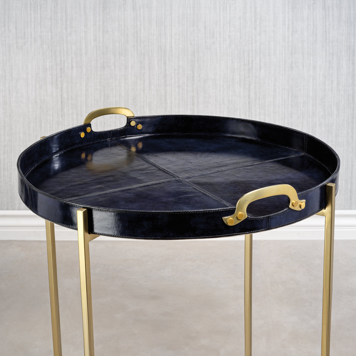Harlow Blue Leather Round Tray on Brass Stand - Table Detail | Bone & Brass