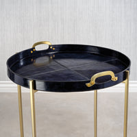 Harlow Blue Leather Round Tray on Brass Stand - Table Detail | Bone & Brass