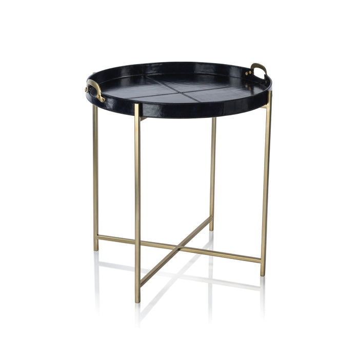 Harlow Blue Leather Round Tray on Brass Stand | Bone & Brass