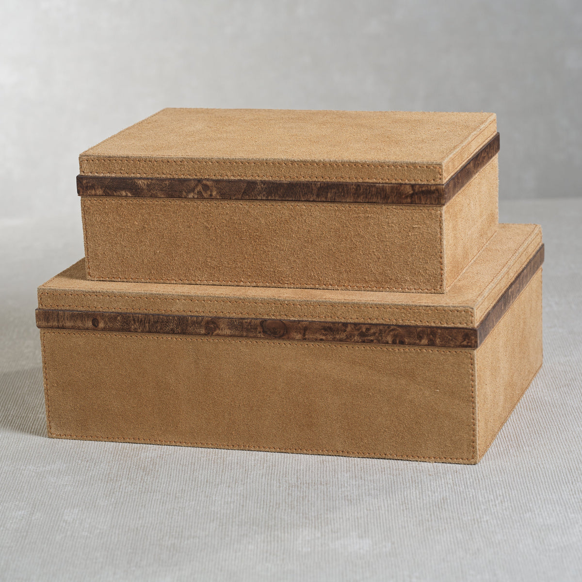 Cortina Suede Decorative Box, Burlwood Trim, Small - Box Top View | Bone & Brass