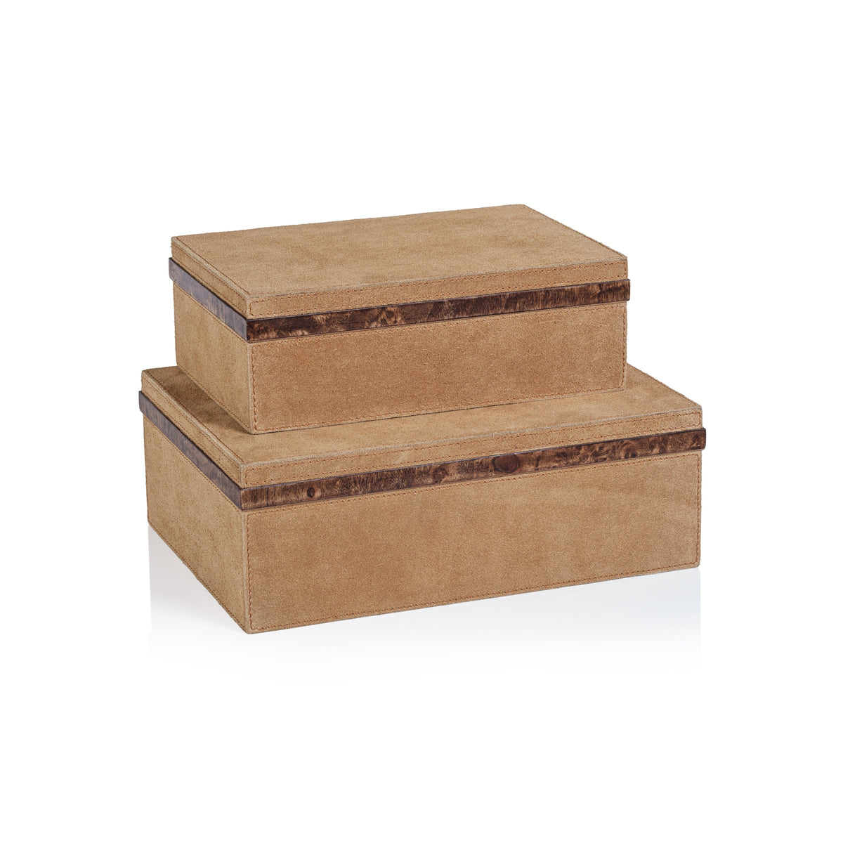Cortina Suede Decorative Box, Burlwood Trim, Small - Box View | Bone & Brass