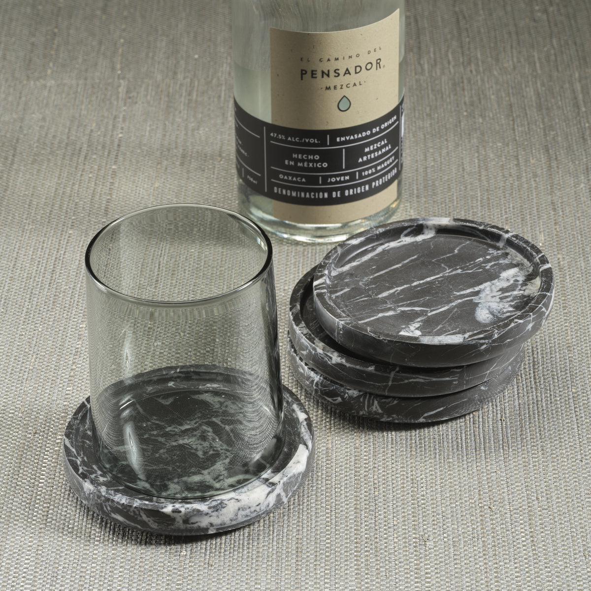Black Marble Coasters, Set of 4 - Linen Texture Detail | Bone & Brass