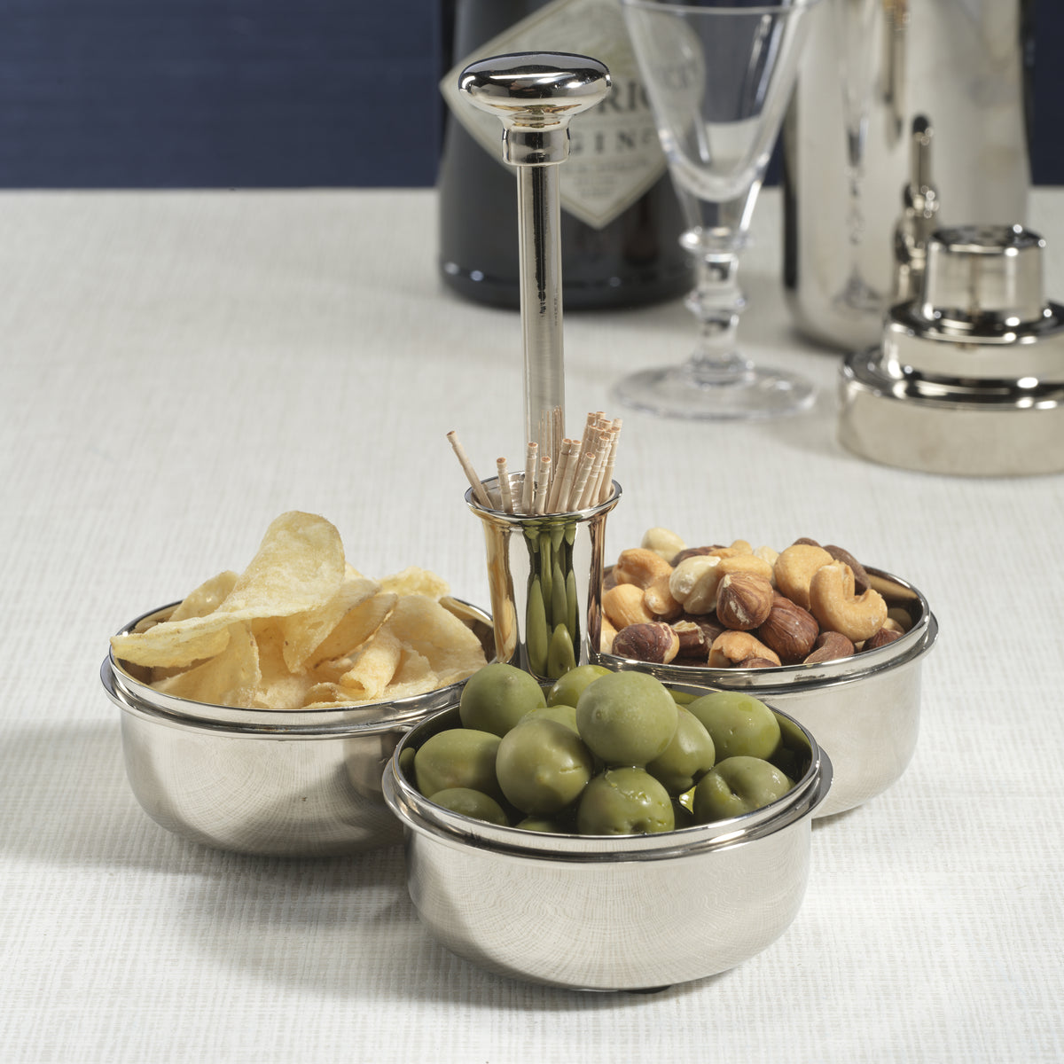 Bento Polished Nickel Condiment Trio with Cocktail Pick Holder