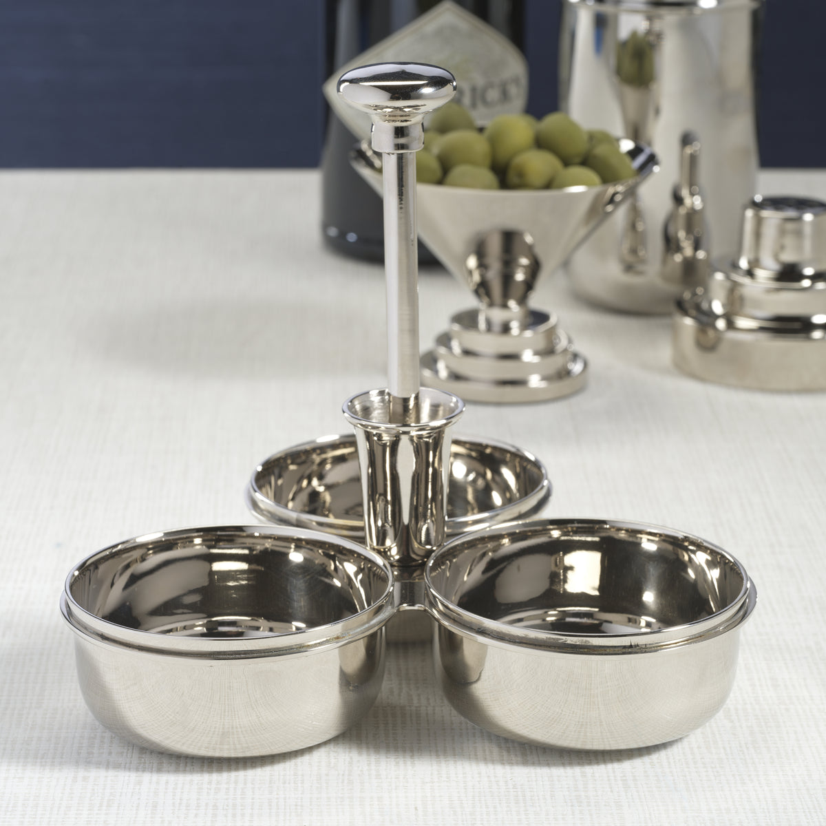Bento Polished Nickel Condiment Trio with Cocktail Pick Holder