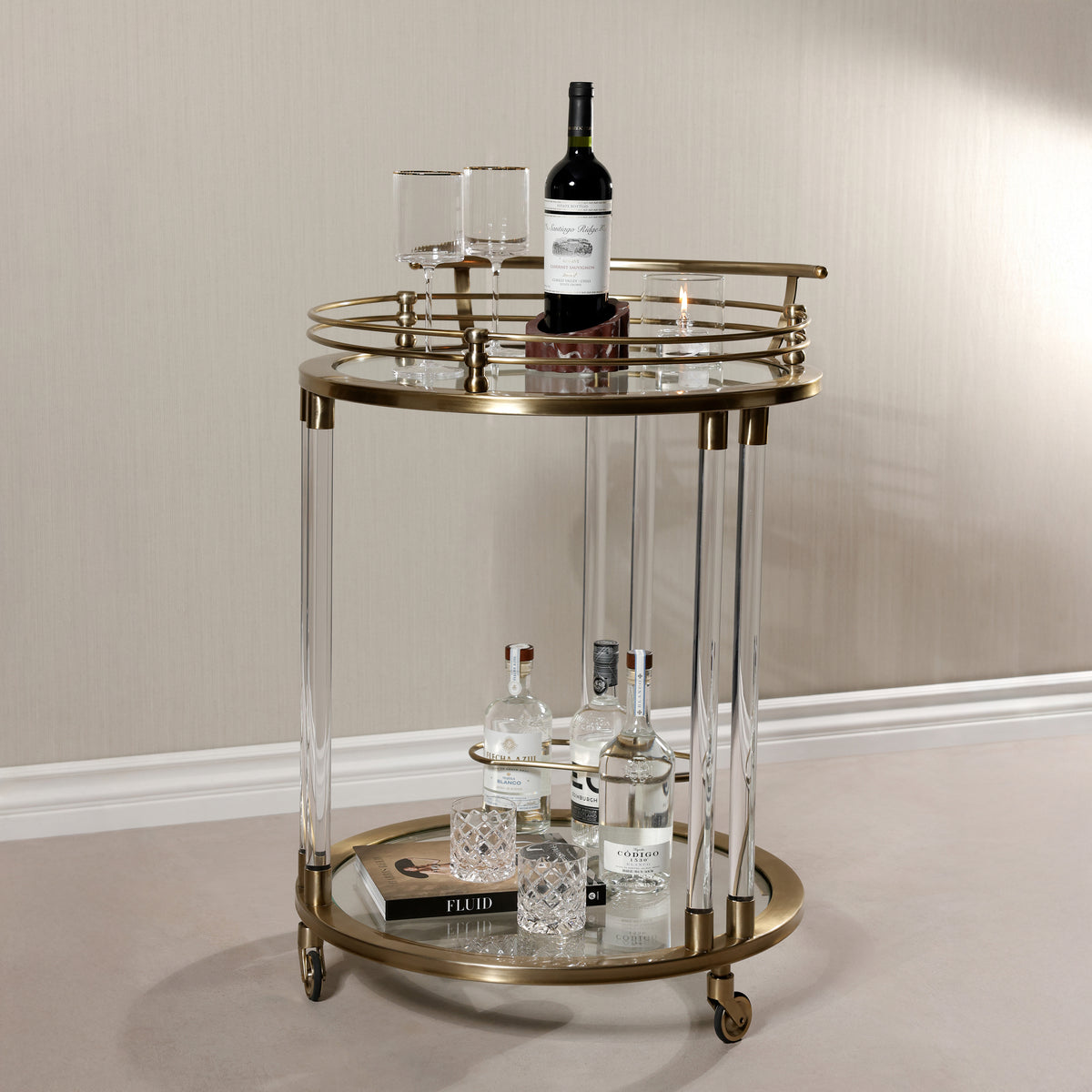 Opus Gold Round Bar Cart, Large - Bar Cart Shelf Detail | Bone & Brass
