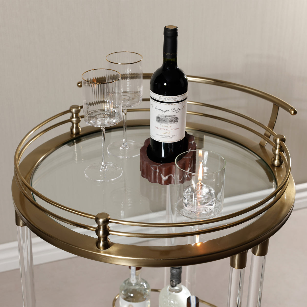Opus Gold Round Bar Cart, Large - Bar Cart Side View | Bone & Brass